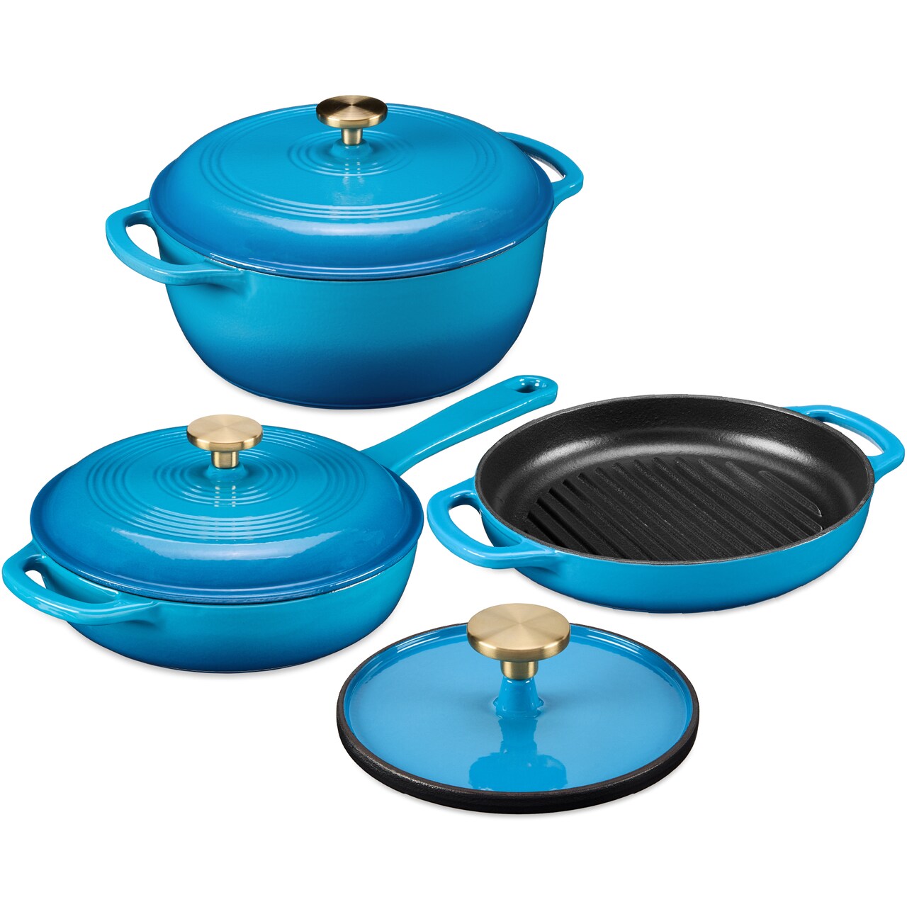 Best Choice Products 6-Piece Enameled Cast Iron Cookware Set, 6QT Dutch Oven W/ Lid, 2QT Skillet W/ Lid, Grill Pan, Grill Press